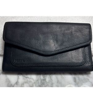 Fossil Women's Black Leather Trifold Wallet Organizer Snap Clutch Y2K Vintage